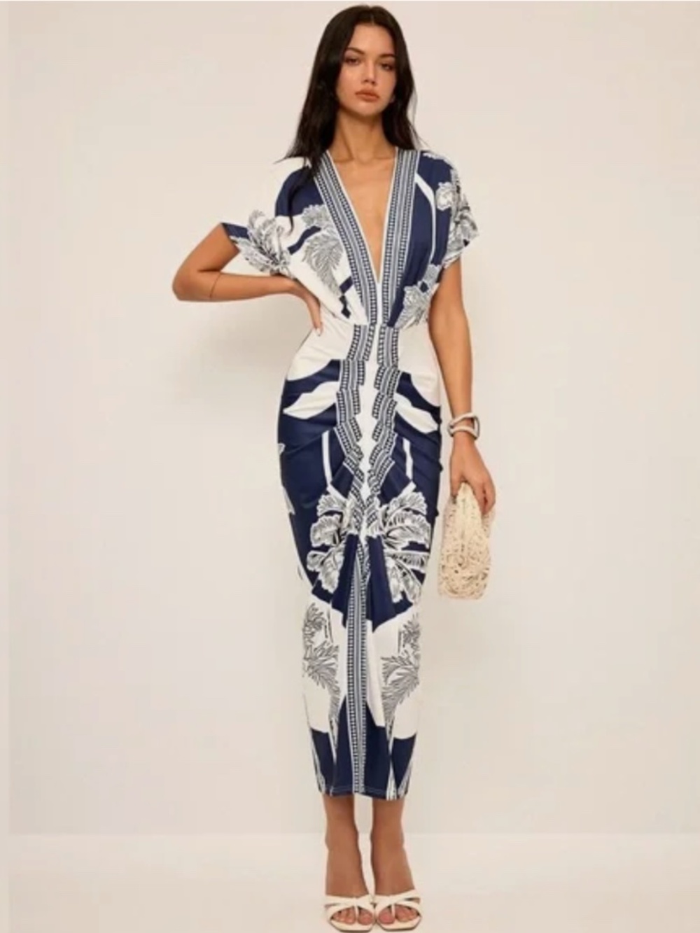 NEW Commense Navy Palm Tree dress V-Neck midi Brazilian resort look L